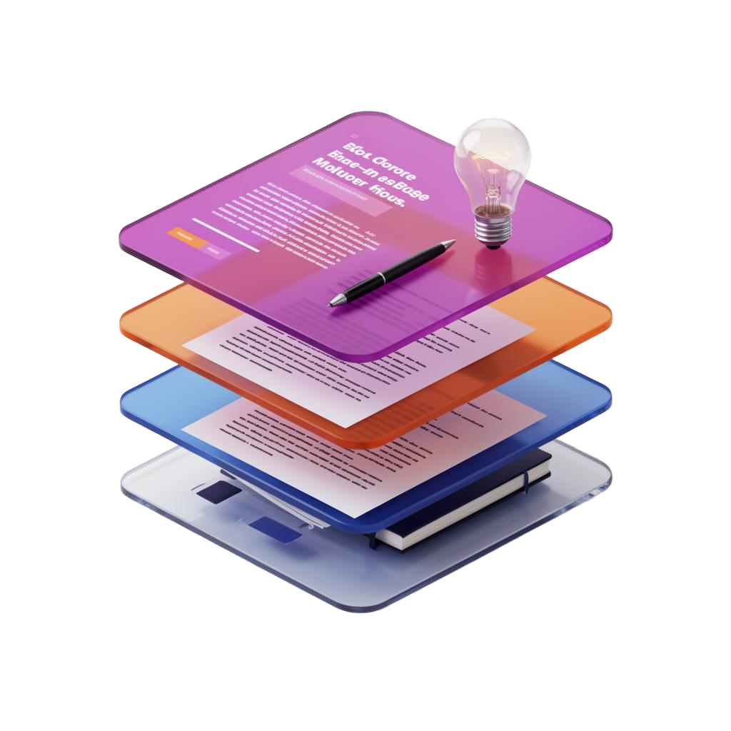 InfoDex Media content creator 3D section visual with article and content planning assets