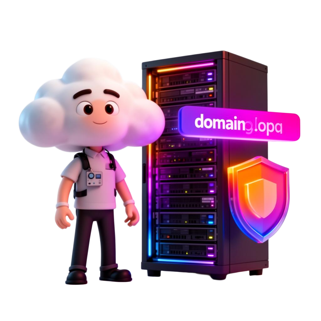 InfoDex Media domain and web hosting 3D hero visual for secure hosting solutions