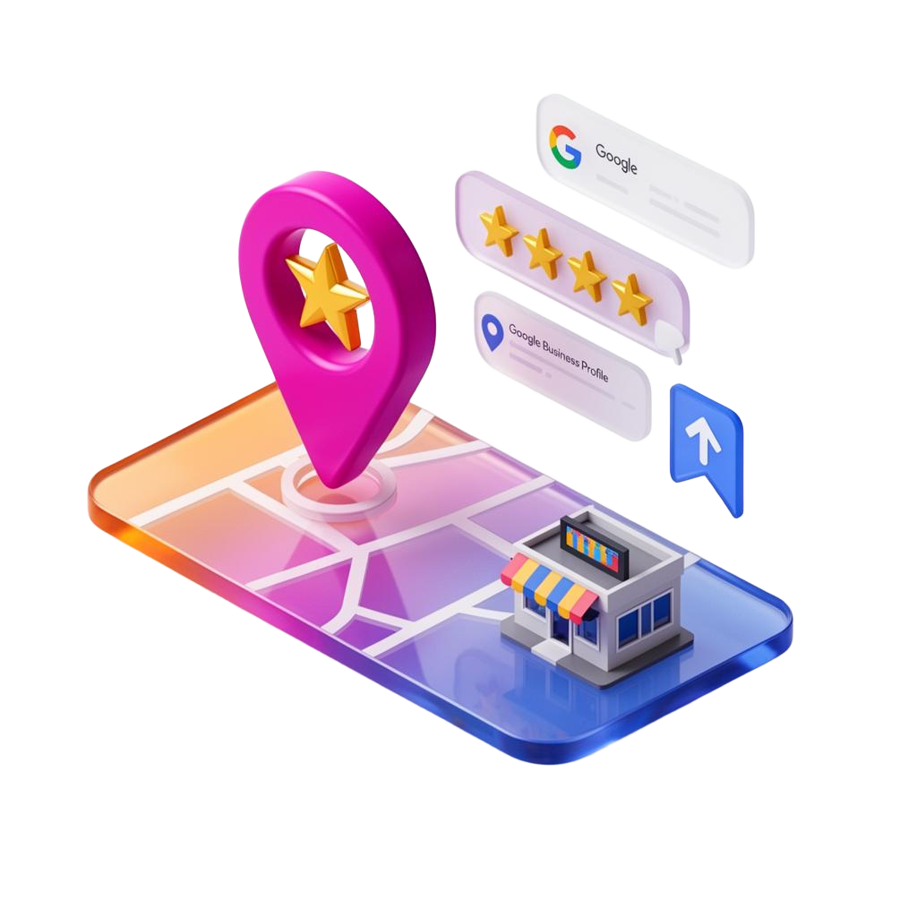 InfoDex Media local business growth automation 3D section visual with maps and reviews growth